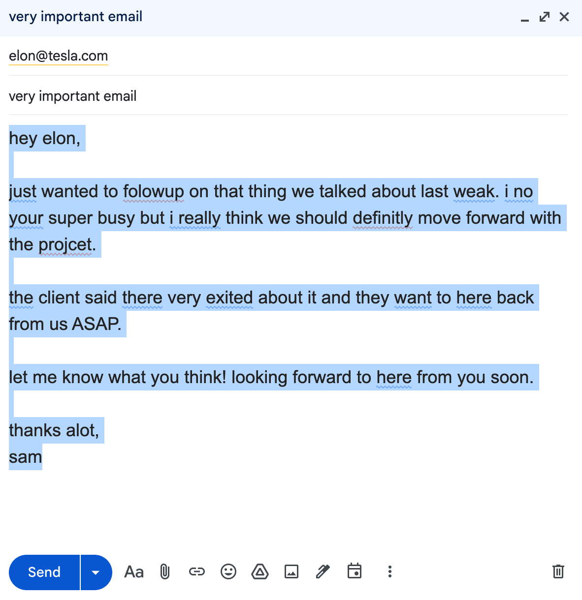 User highlights text in email