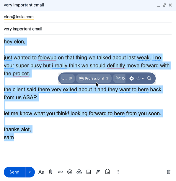 Floating Helios command bar appears over selected text